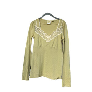 Vintage y2k Green Long Sleeve Babydoll Top Size XS Embroidered and Lace Grunge i